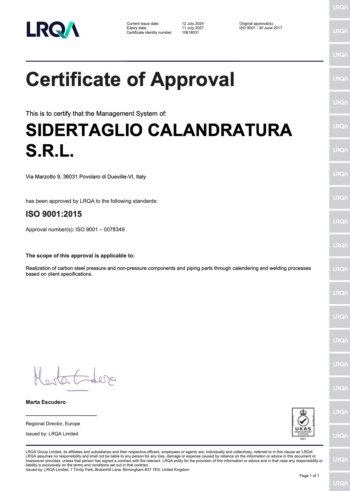 Sidertaglio Calandratura certifications. The iso-9001