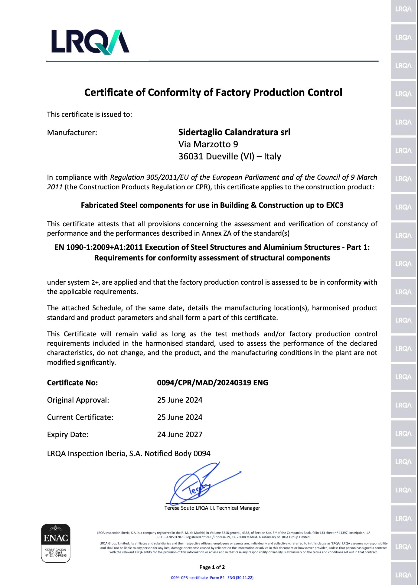 The certifications. EN 1090 certification document.